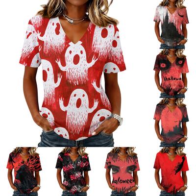 Women's Short Sleeve V-Neck Pullover Top with Halloween Print for Casual Wear