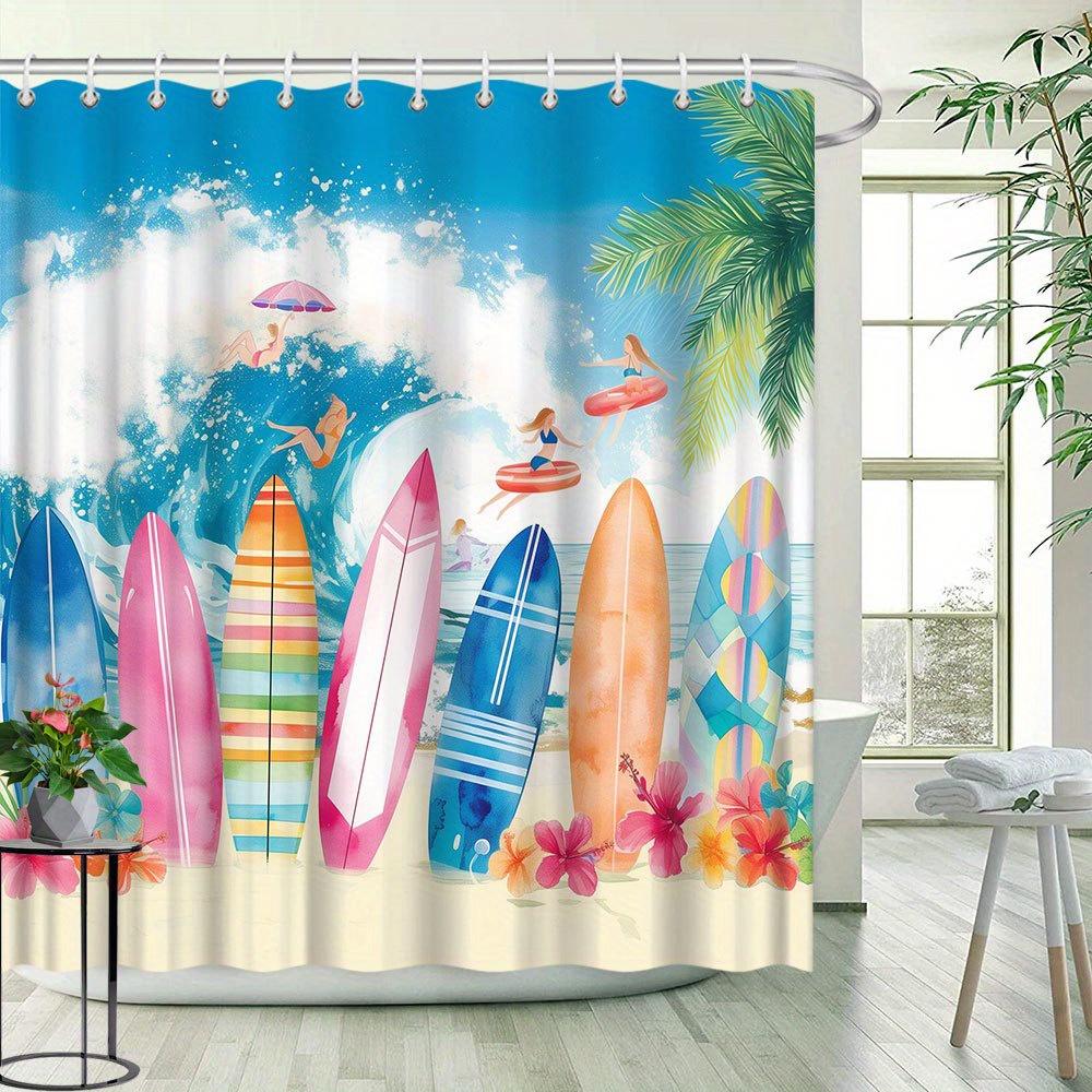 Beach Surfing Theme Shower Curtain - Creative Colorful Surfboard & Tropical Waves, Cute Female Surfer, Polyester Bathroom Decor