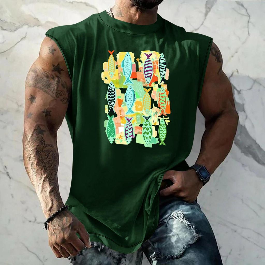 Men's Sleeveless Tank Top Loose Fit Vintage Texture Breathable Muscle Shirt Summer Streetwear Casual Daily Wear Printed Vest