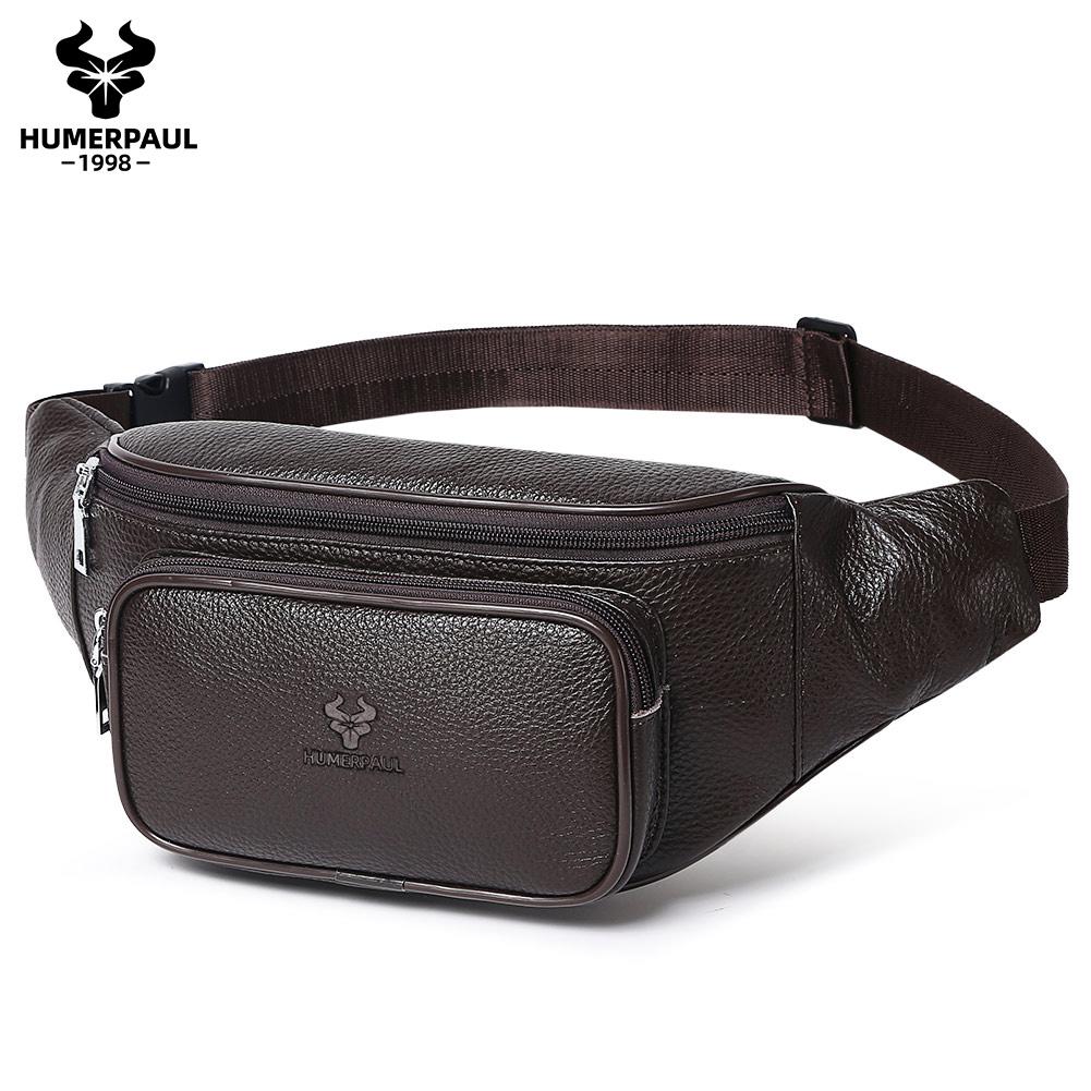HUMERPAUL Men leather waist bag multifunctional cowhide leisure sports mobile phone waist bag multi-compartment chest bag large-capacity shoulder bag