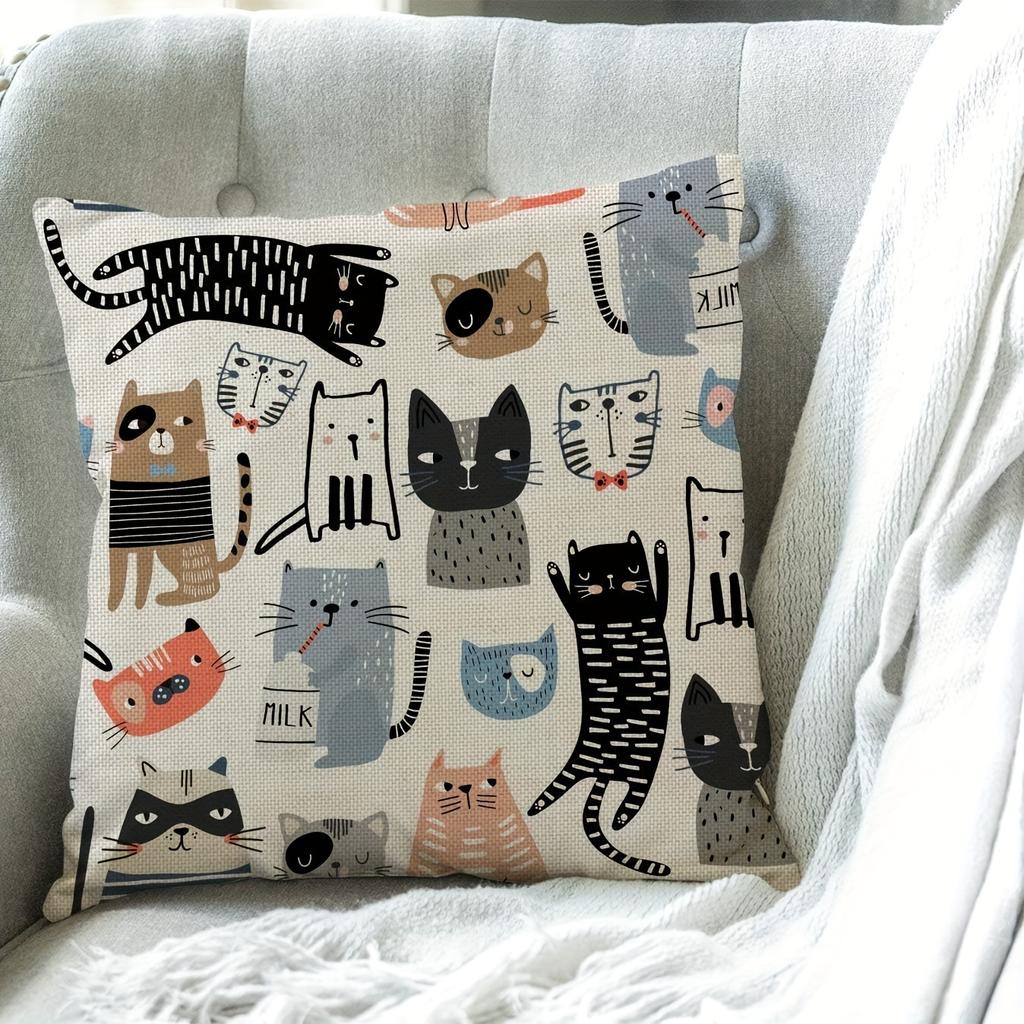Cute Cartoon Cats Pillow Cover Funny Doodle Kitten Print Soft Cushion Case For Sofa Bed Couch Kids Room Home Decor