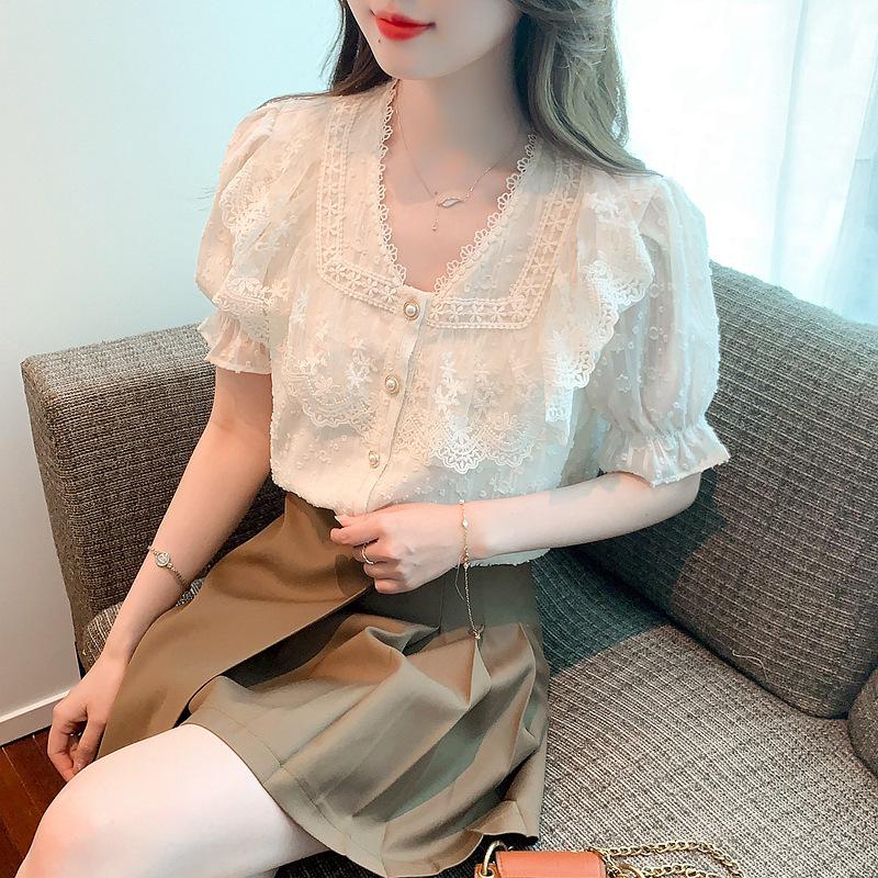 Top de Encaje Francés con Cuello en V y Manga Abullonada para Mujer - Elegante Estilo Veraniego