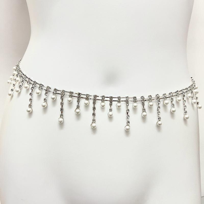 Bridal Fashion Elegance Pearl Pendant Diamond Belt Waist Chain
