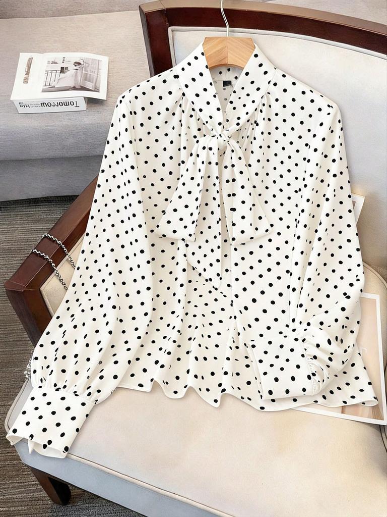 1116 Large Size Vintage Polka Dot Ribbon Shirt Bow Neck Bubble Sleeve Belly Cover Versatile Chiffon Top