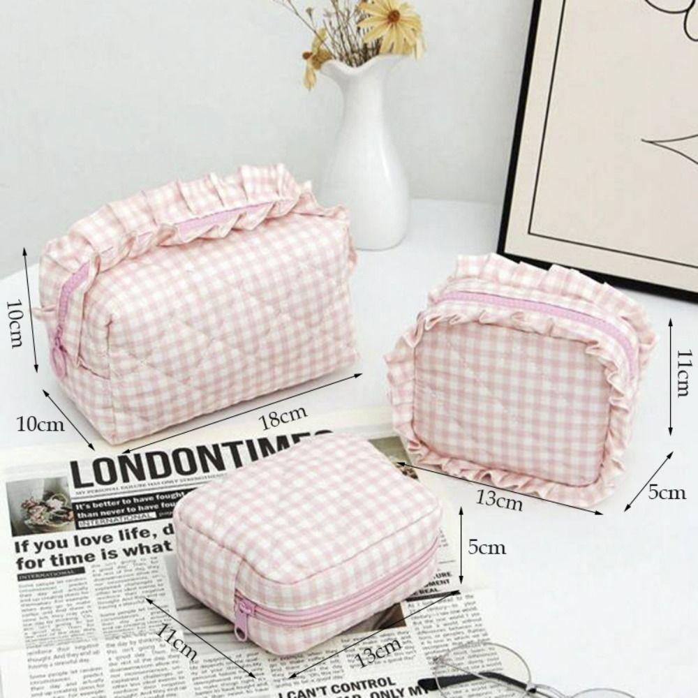 Portable Makeup Bag Quilted Design Multifunctional Makeup Brush Storage Bag Plaid Pattern with Zipper Travel Toiletry Bag