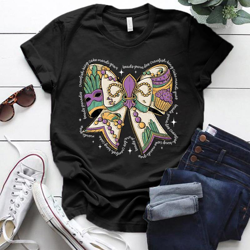 Mardi Gras Coquette Bow Design Tshirt Women Mardi Gras Vibes Vintage T Shirt Crew Neck Fat Tuesday Carnival Bow Shirt for Women