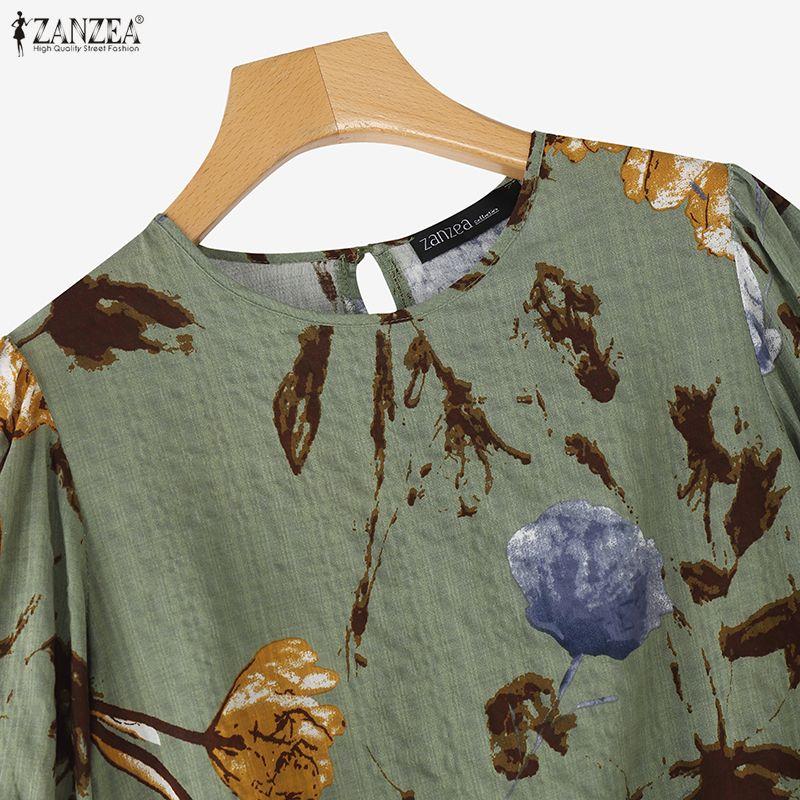 ZANZEA Women Casual Round Neck Summer 3/4 Sleeve Print Blouse