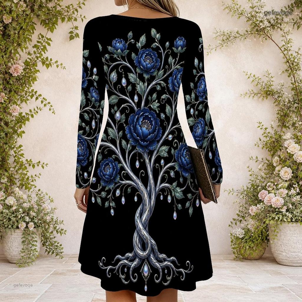 Women S Criss Cross V Neck Long Sleeve Black Floral Printed Fitted Curved Hem Dress