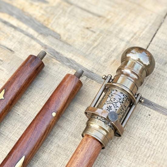 Engraved Brass Walking Stick With Telescope Direction Compass On Top Spyglass Cane, 1920 Dollond London Victorian Canes, Handmade Gift