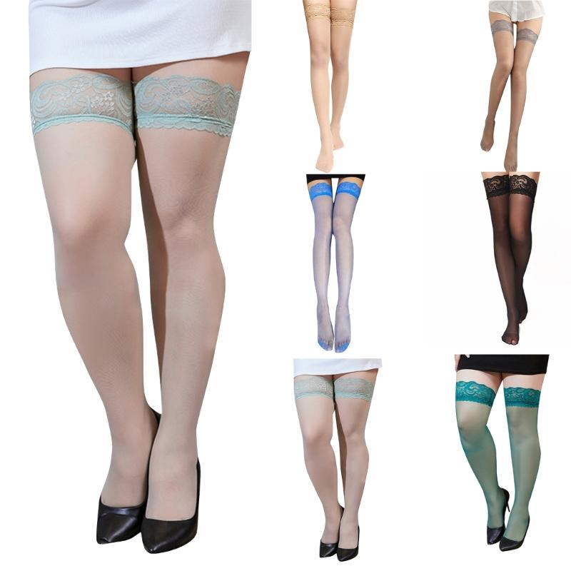Women Plus Size Silky See Through Thigh High Stockings Colorful Floral Lace Top Over Knee Long Socks Lingerie Hosiery
