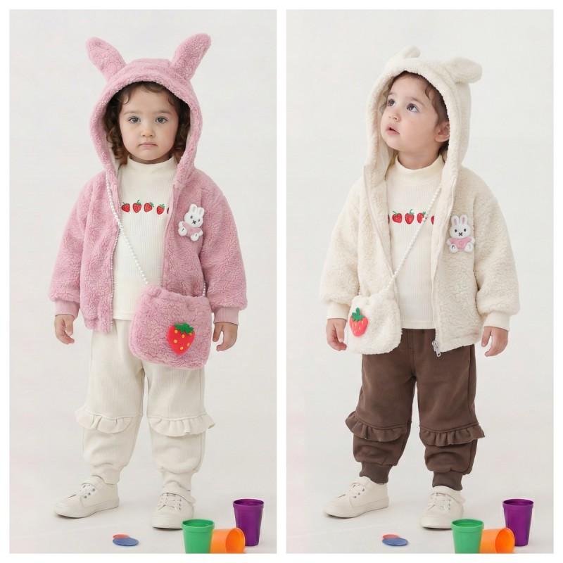 Girls Winter Fleece Strawberry Rabbit Set Cute Hooded 3-Piece Outfit 1-3 Olds