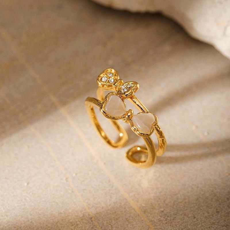 New European and American Minimalist French Style Rhinestone Bow Open Ring, Unique and Versatile Stainless Steel Double-layer Ring