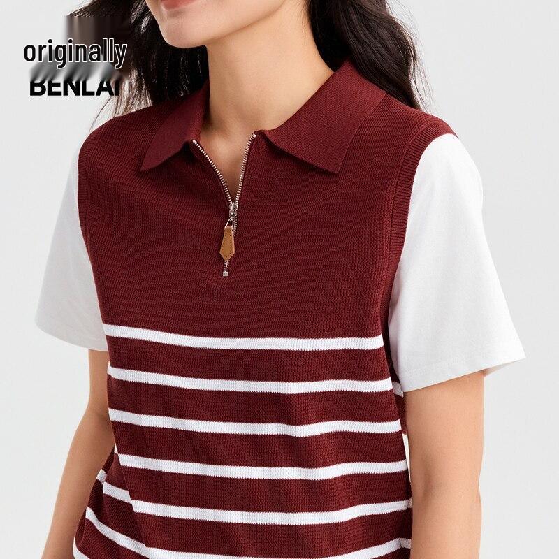 Benlai Women's Layered Look Stripe Knit Polo T-Shirt
