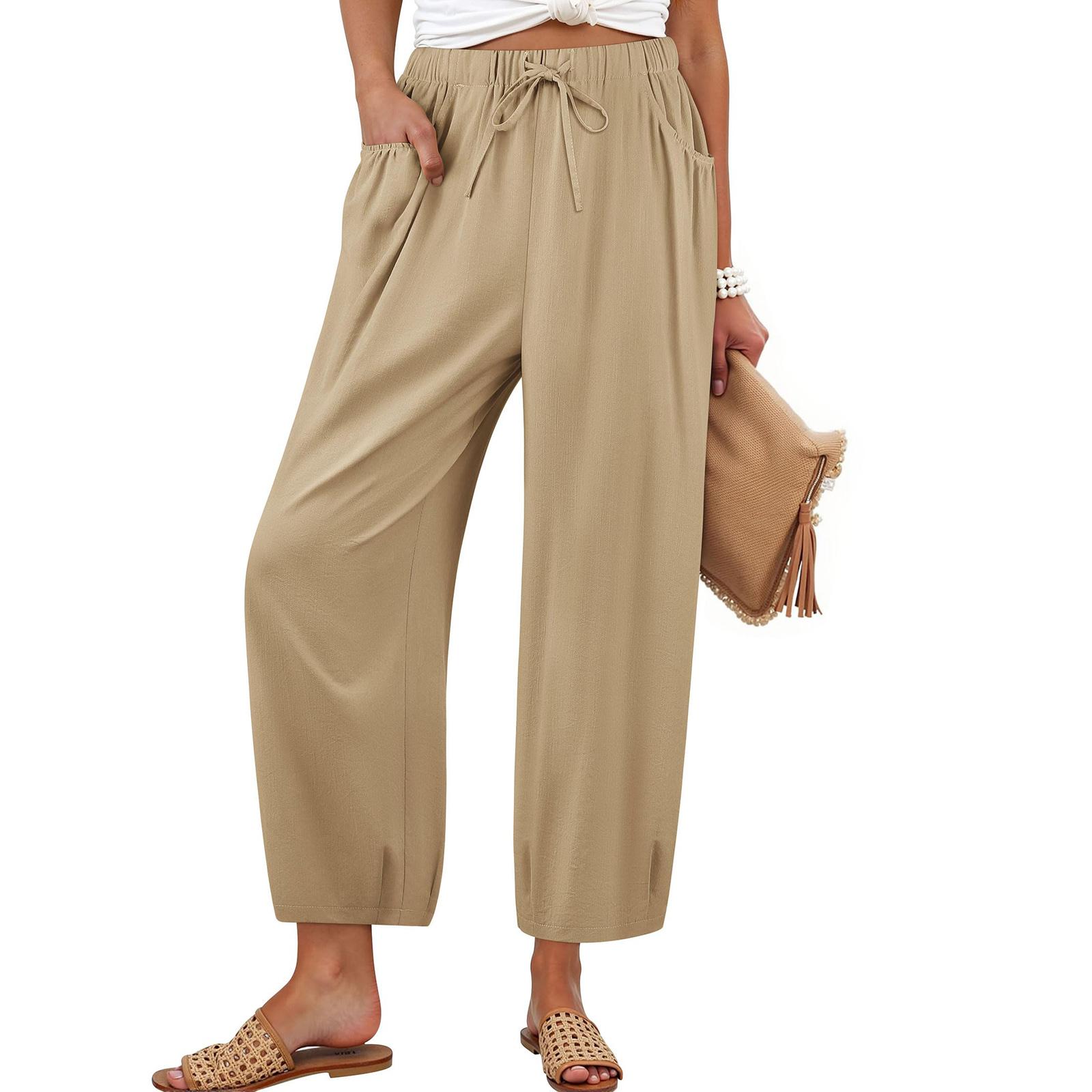 

Women Elastic High Waist Pant Casual Fit Wide Leg Long Pants Trousers With Pockets XL білий