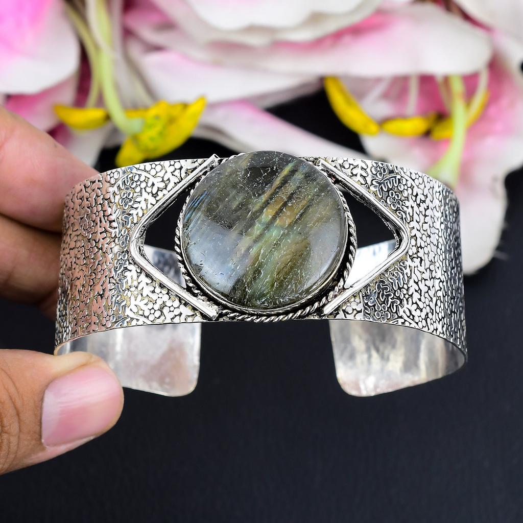 Labradorite Gemstone Handmade 925 Sterling Silver Cuff Bangle Adjustable KG-1863