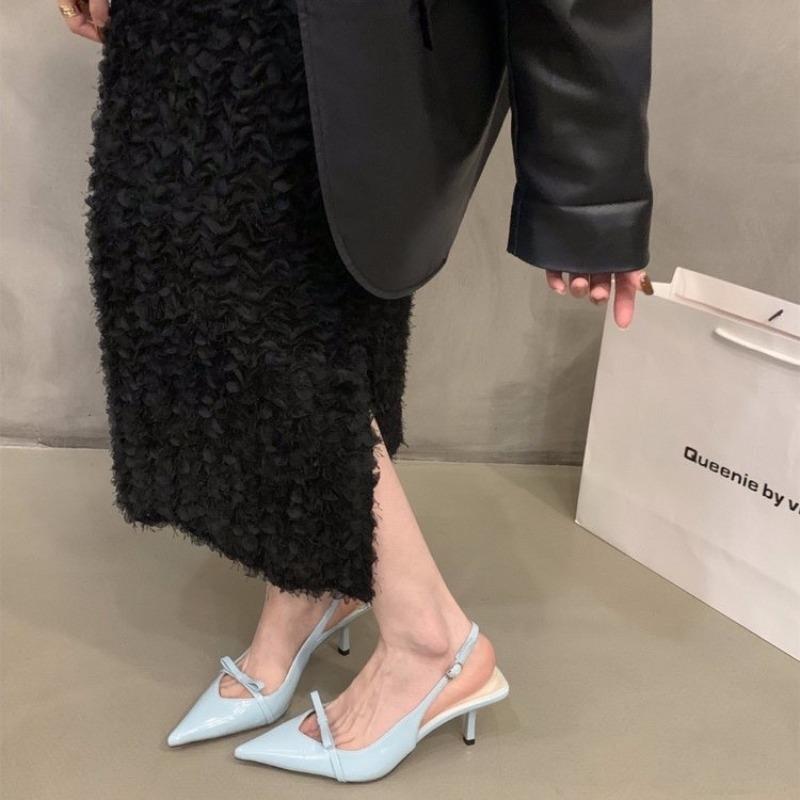 New Modern Office Shoes for Women Black Wedding Slingback Pointed Toe Butterfly Decoration Female High Heeled Sandals