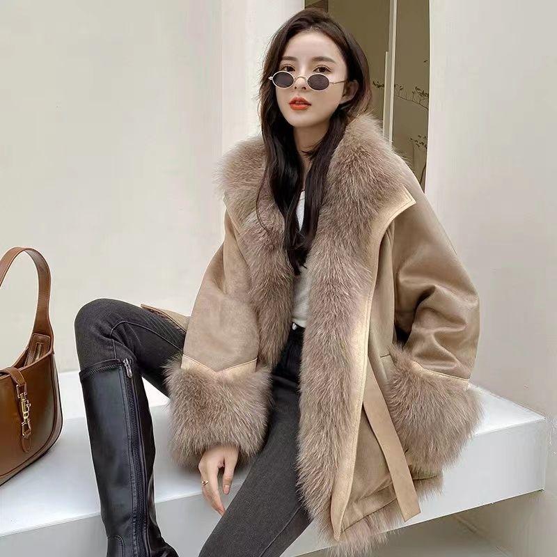 Winter Jacket Outerwear Women Long Warm Suede Parka Coat Patchwork Long Sleeve