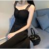 Damen Schlankmachendes Schwarzes Träger-Midikleid - Sommerkollektion 2025