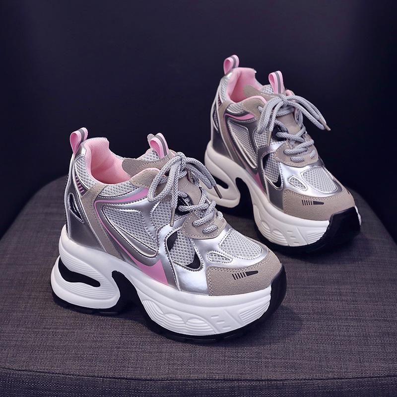 High Platform Casual Lace-up Sneakers for Women 10CM Designer Lightweight Breath Mesh Leather Thick Heel Sport Dad Shoes