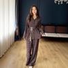 European & American V-neck Graphic Tie Long Sleeve Top and Casual Pants Women's Fashion Set, 2025 Collection