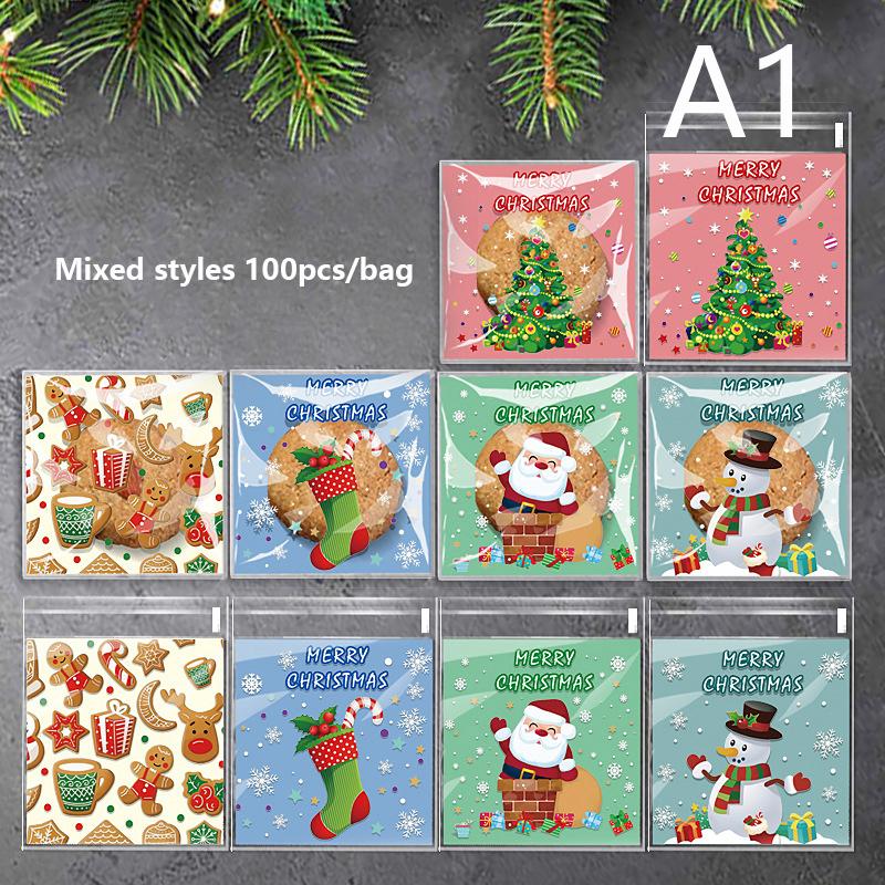 

100 шт. рождественских угощений - самозапечатывающиеся одноразовые мешочки из полипропилена для конфет и печенья с праздничными мультяшными рисунками для праздничного подарка