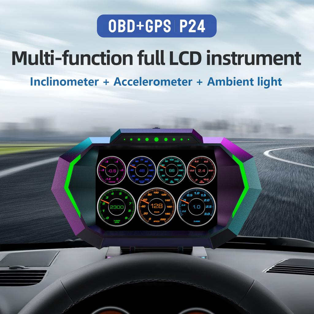 OBD Smart Digital Gauge Speedometer P24 HUD Car Head Up Display OBD+GPS System Inclinometer Fuel Consumption Overspeed Alarm
