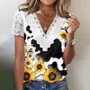 V Neck Lace Short Sleeve Print Ladies Top Summer Fashion Casual V Neck Print Short Sleeve Lace Sleeve T-Shirt Top