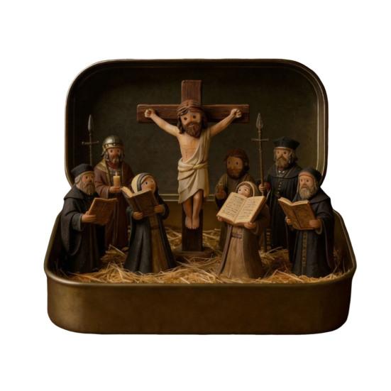 

1/2Pcs Jesus Crucifixion Scene Set in Tin Box Handcrafted Pocket Size Miniature Jesus Resurrection Tin Resin Ornament Religious Decoration 1pc C