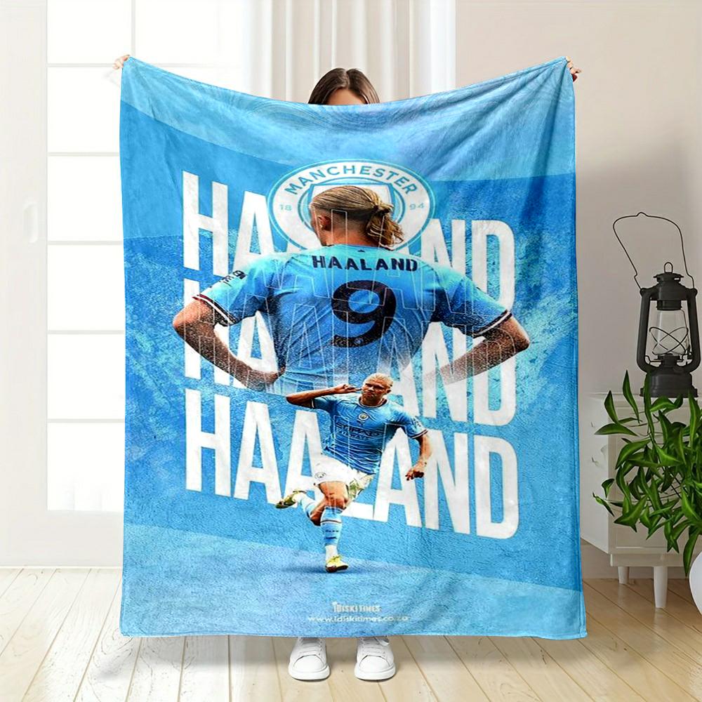 Cozy Throw Blanket - Erling Haaland Manchester City 9 Back Name Light Blue Football Poster Fans Decor for Travel Couch Use