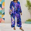 Women Plus Size Red Floral Printed Round Neck Long Sleeve Layered Top Wide Leg Cropped Pants Two Piece Set