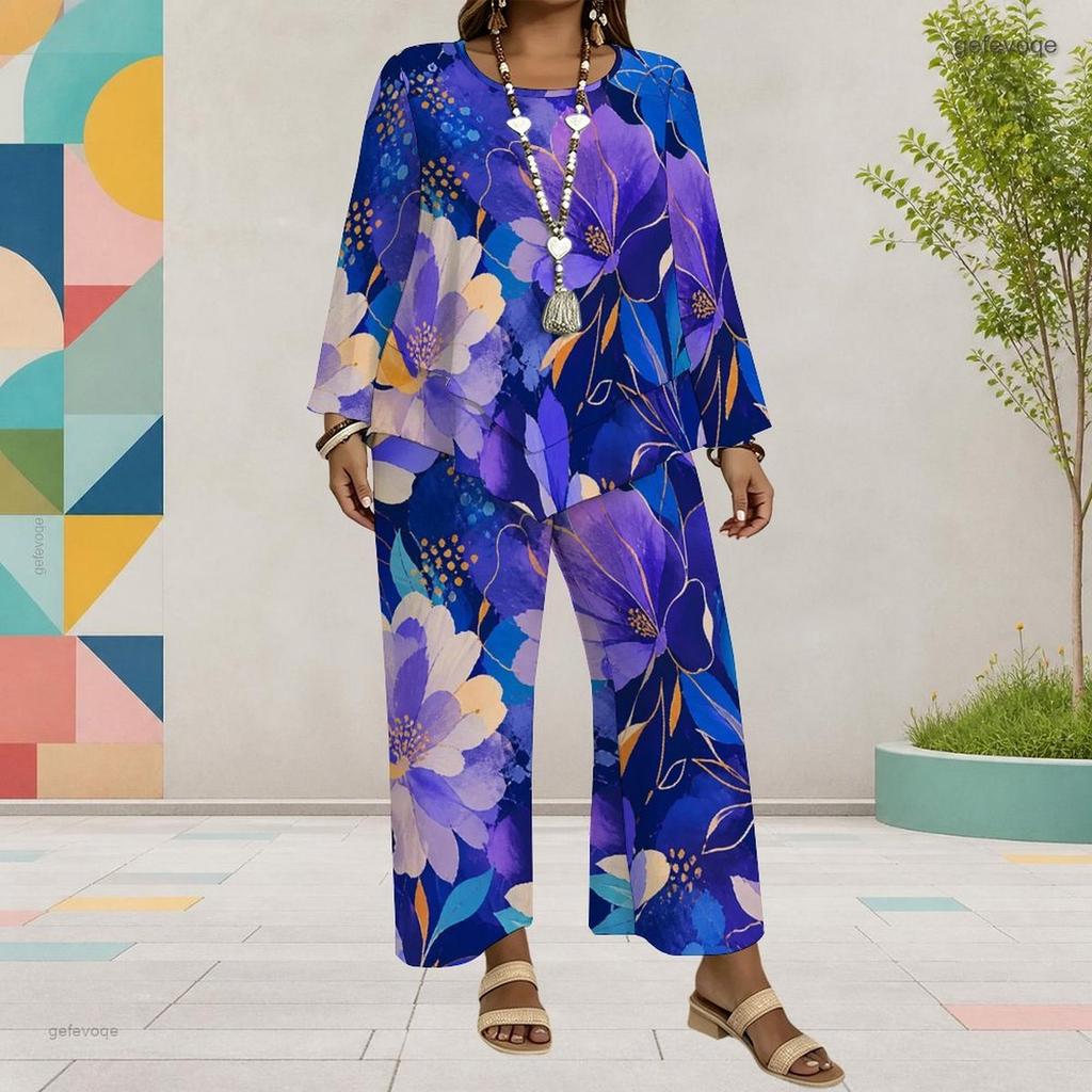 Women Plus Size Red Floral Printed Round Neck Long Sleeve Layered Top Wide Leg Cropped Pants Two Piece Set