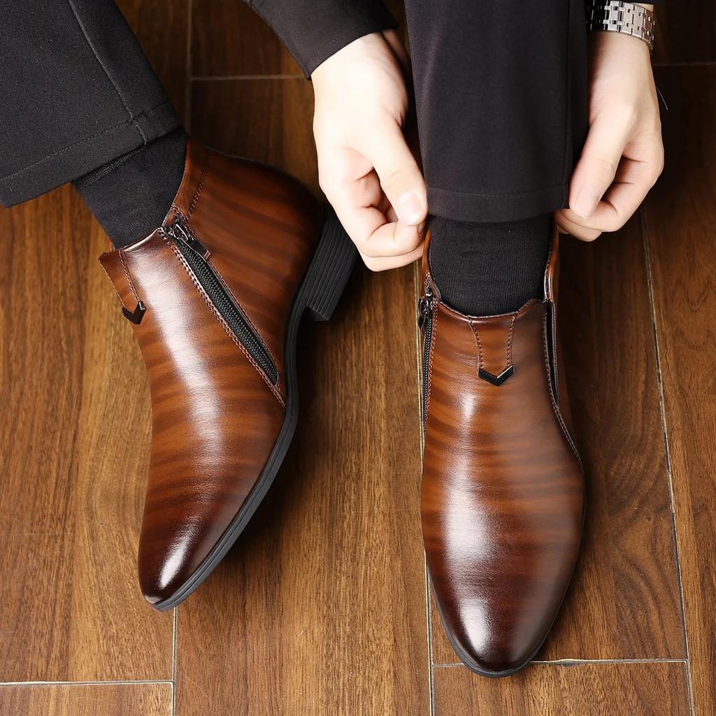 Retro Cowboy Boots Leather Shoes Chelsea Boots Pointed Toe Men Boots Zipper Male Ankle Boot for Men Autumn Winter Dress Shoes