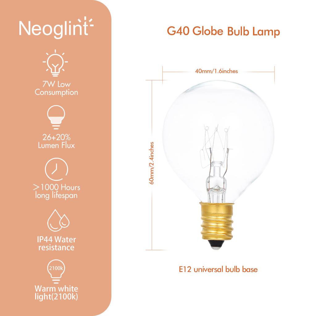 Neoglint AC230V G40 Кульова Лампочка 25 Шт. Цоколь E12 Тримач IP44 Водостійкість Теплий Білий для Гірлянди Домашньої Вечірки Декорації Весілля F