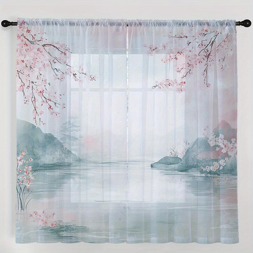 Scenic Cherry Blossom Spring Curtains Watercolor Landscape sheer Window Drapery for Bedroom Living Room Home Decor