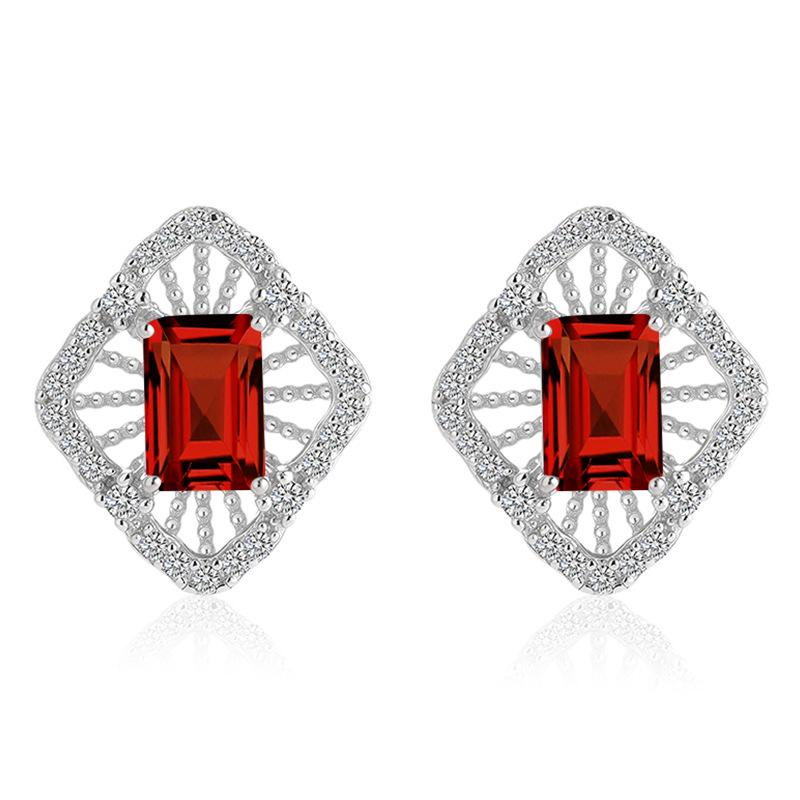 S925 Silver Stud Earrings with Natural Crystal/Topaz, Hollow Geometric Jewelry for Women