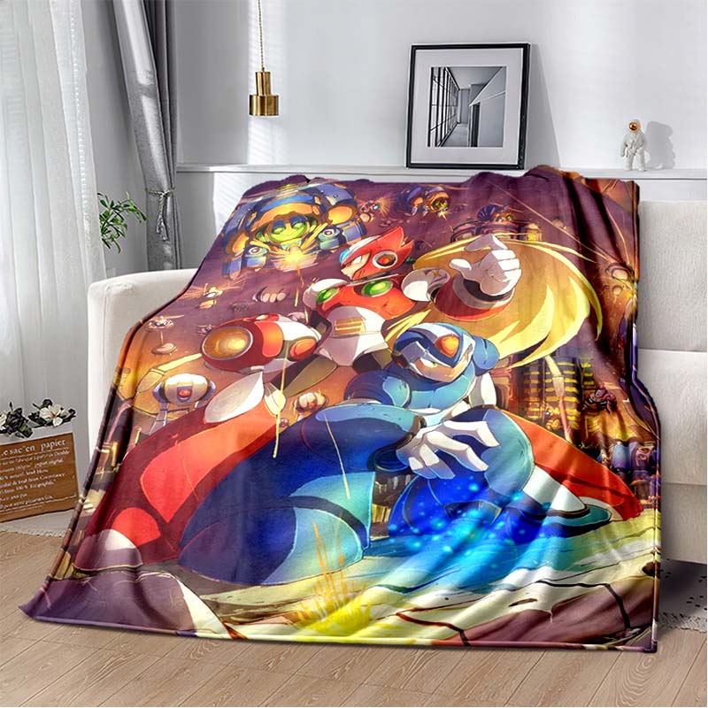 Mega Man Anime Print Flannel Throw Blanket Soft Warm Bed Cover for Kids Bedroom Sofa Home Decor Gift