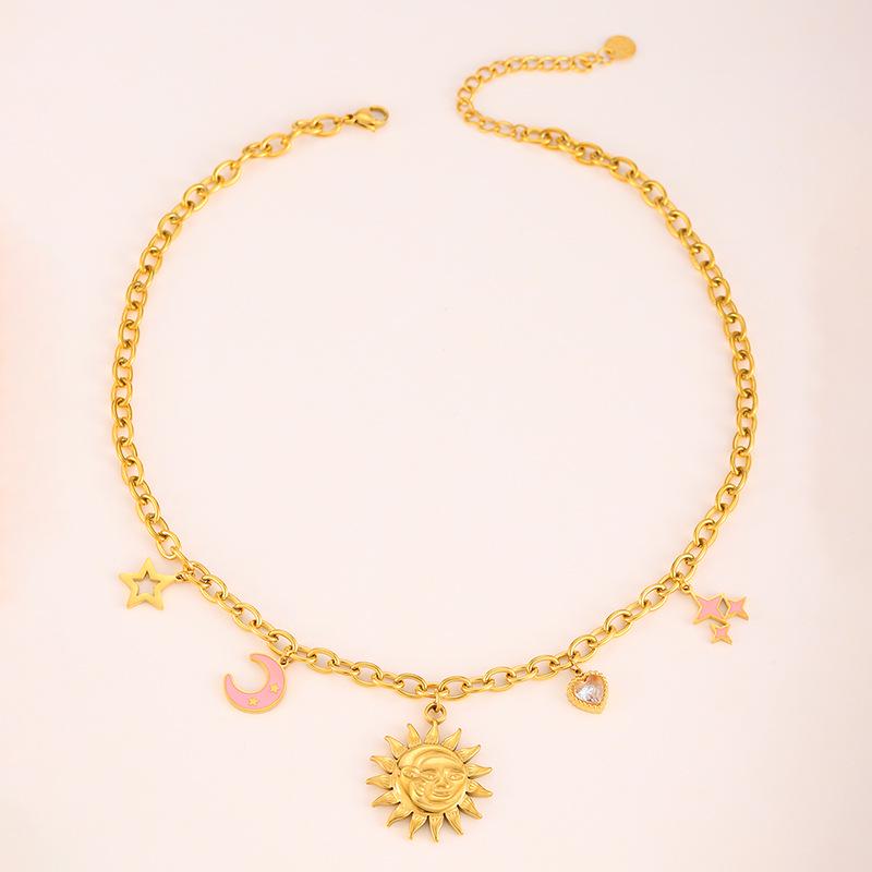 High-End Sun Portrait Titanium Stainless Steel Jewelry Set: Necklace, Bracelet, and Earrings in Light Luxury Design for Women.