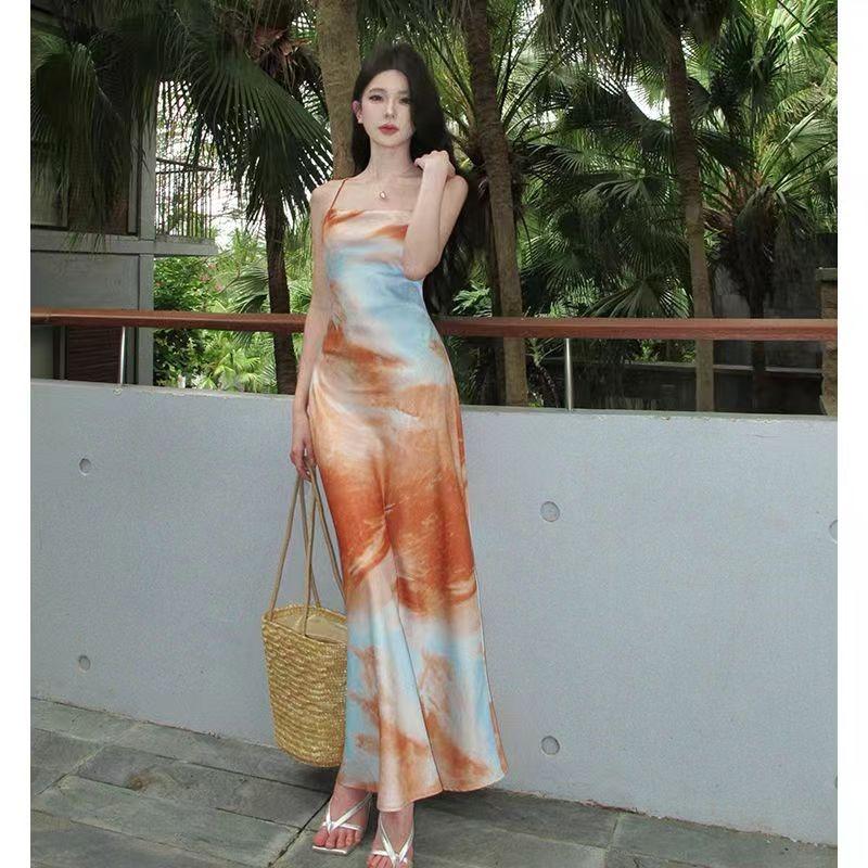 Off Shoulder Elegant Sling Party Strap Dress Women Sexy Printing Chic Backless Long Dresses Female Sweet Fashion Sleeveless Beach Clothing