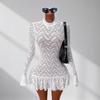 European and American Style Autumn and Winter New Sexy Spice Girl Lace Perspective Long-sleeved Ruffle Edge Slim Mini Dress