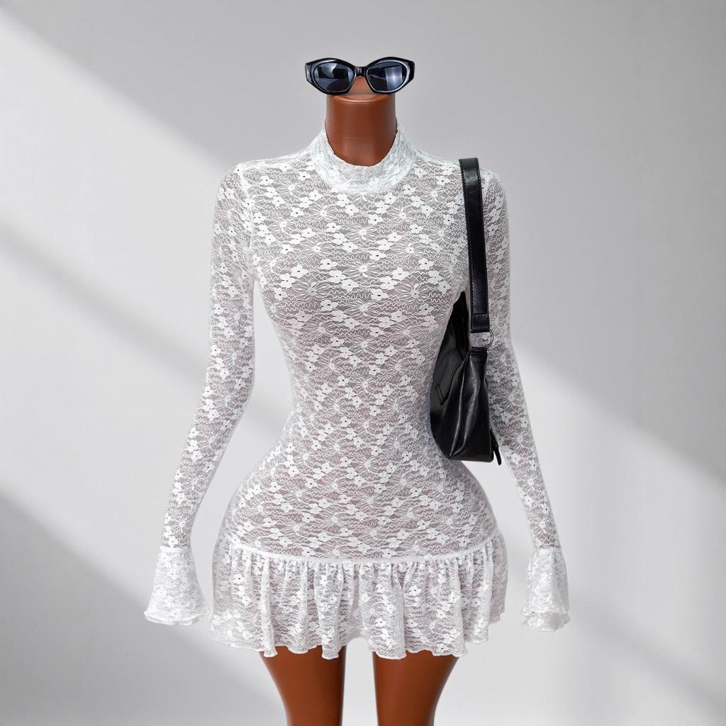 European and American Style Autumn and Winter New Sexy Spice Girl Lace Perspective Long-sleeved Ruffle Edge Slim Mini Dress