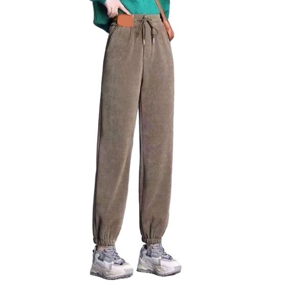 Women Winter Fall Pants Thick Plush Drawstring Elastic Waist Pockets Ankle-banded Thermal Cold Resistant Pure Color Loose Women Casual Harem
