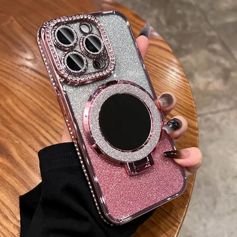 Diamond Glitter For Magsafe Bracket Phone Cases For iPhone 17 16 15 14 13 12 11 Pro Max Air Mirror Magnetic Holder Stand Cover