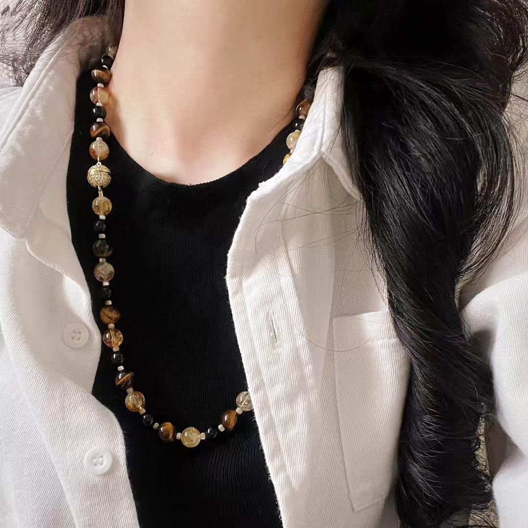 

Autumn And Winter High-End Retro Maillard Natural Citrine Tiger S Eye Stone Necklace Sweater Chain Collarbone Chain
