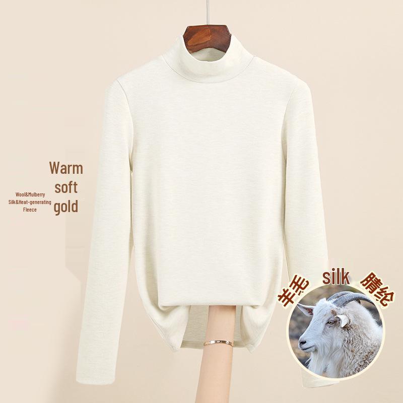 Women's Mulberry Silk Wool Fleece-Lined Warm Base Layer, Mid-High Neck, Autumn/Winter 2025 Collection