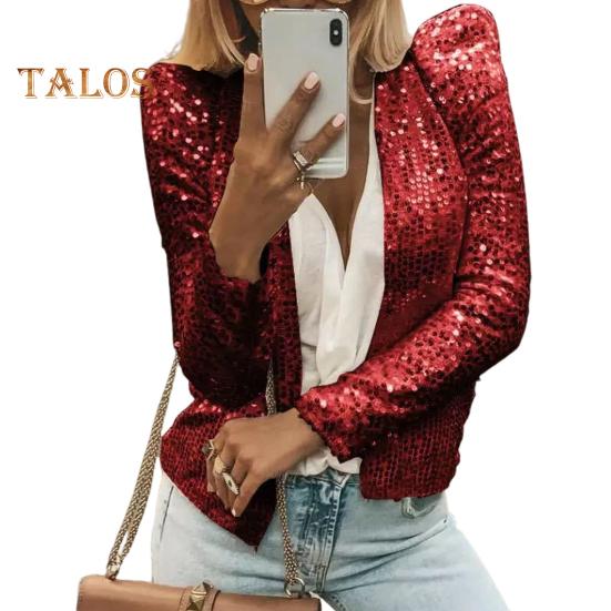 Frühling Herbst Dame Mantel Pailletten Schneiden Lange Ärmeln Offenen Stich Strickjacke Club Party Leistung Kurze Art Jacke