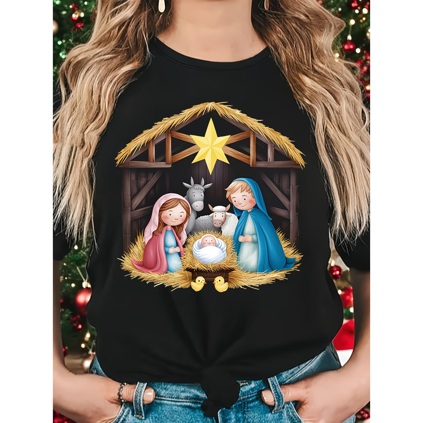 Women S Short-Sleeve Round-Neck Casual T-Shirt with a Christmas Religious Scene Print S