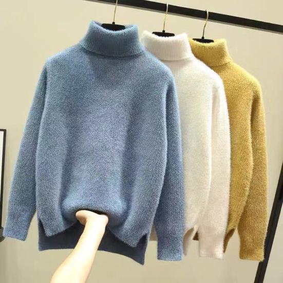 Women Knitting Sweater Turtleneck Long Tops Side Sleeve Thickened Knitting Split Hem Imitation Mink Pullover Sweater
