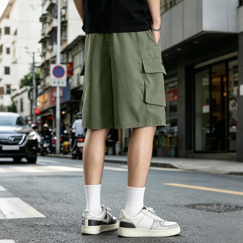 Men's Casual Loose Fit Multi Pocket Cargo Shorts Elastic Waistband Drawstring Adjustable Length Summer Outdoor Shorts