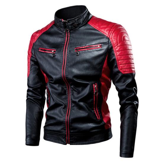 Men Coat Contrast Colors Stand Collar Motor Slim Vintage Classic Faux Leather Jacket for Biker