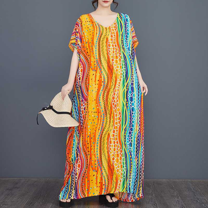 

Реальное наличие Европейское и американское хлопковое платье для отпуска с цветным принтом, свободное, с рукавами «летучая мышь», халат-блузка, платье большого размера one size fits all